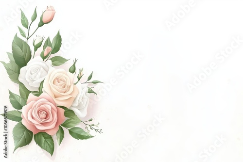 Beautiful bouquet of roses in soft pastel colors on a white background.