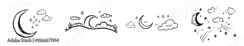 An illustration of a cloudy sky with a moon in it, a logo, and a continuous single line art drawing sketch