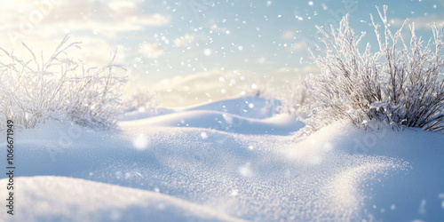 Crisp winter snow background with soft white flakes and a serene landscape, ideal for holiday-themed projects