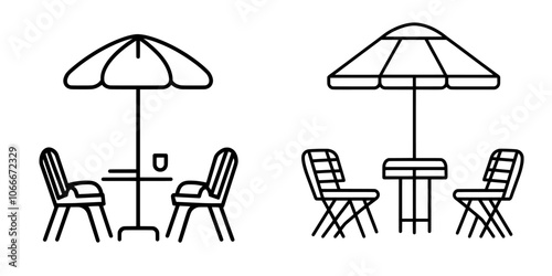 An icon set showing a rooftop restaurant sign with a cafe table outside.