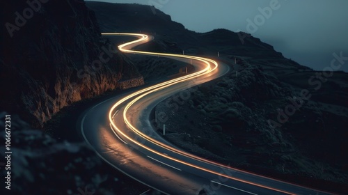 The winding road follows the curves of the jagged cliffs its path marked by a trail of shimmering car lights.