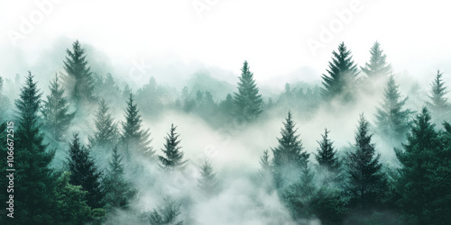 Foggy mountain forest in a delicate watercolor style, featuring layers of mist drifting through evergreen trees, isolated on a transparent background