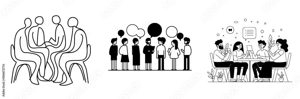 The image shows people interacting and networking with speech bubbles. The image shows people interacting and networking with speech bubbles.
