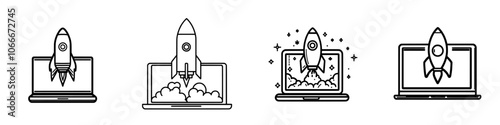 Launching a rocket from a laptop, linear style icon. Innovation, startup, or launching a project. Editable stroke width.