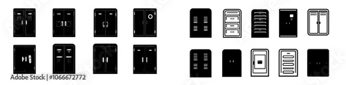 The illustration features black and white school lockers with numbered compartments.