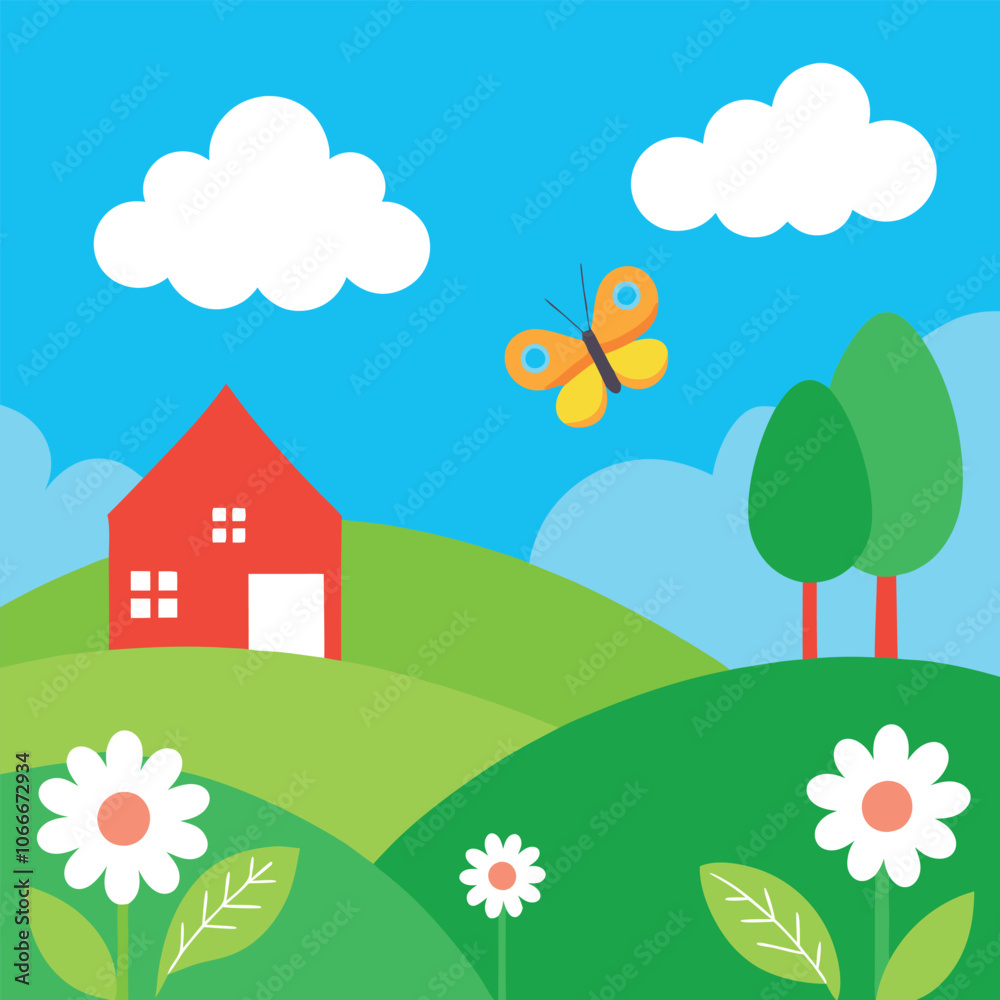 Naklejka premium a serene green landscape beneath a blue sky with white clouds. In the foreground, focus on a field of tall grass and scattered white daisies