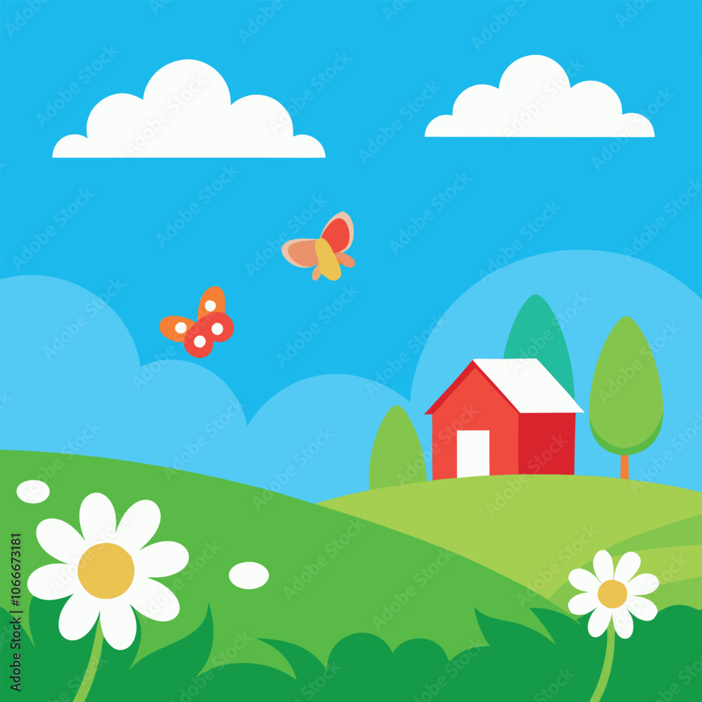 Fototapeta premium a serene green landscape beneath a blue sky with white clouds. In the foreground, focus on a field of tall grass and scattered white daisies