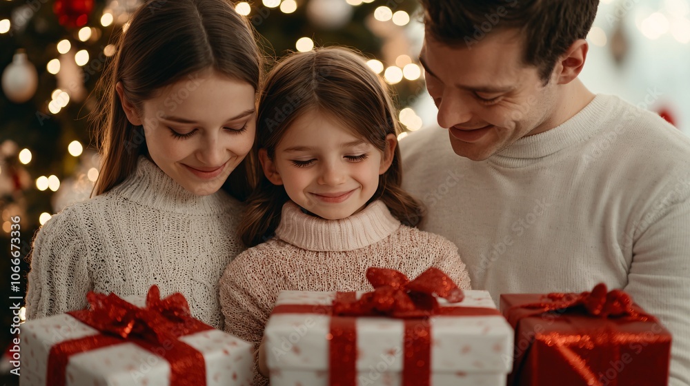 A joyful family gathers around wrapped gifts, celebrating the warmth and spirit of Christmas together. A joyful family gathers around wrapped gifts, celebrating the warmth and spirit of Christmas together.