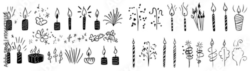 Drawings of a fashionable candle and candlestick in outlines. Isolated on a white background are burnt tea light candles.
