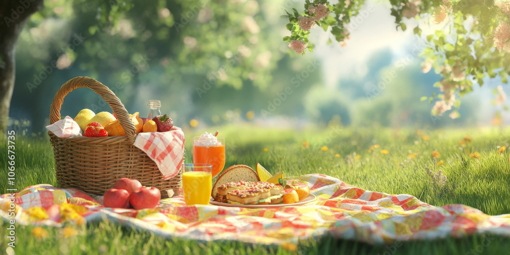 A cheerful picnic scene with a basket filled with sandwiches, fruits, and drinks, set on a vibrant blanket in a sunny park A cheerful picnic scene with a basket filled with sandwiches, fruits, and drinks, set on a vibrant blanket in a sunny park
