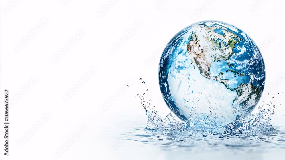 A vibrant globe emerges from splashes of water, symbolizing the Earth and its precious resources against a pristine white background. A vibrant globe emerges from splashes of water, symbolizing the Earth and its precious resources against a pristine white background.