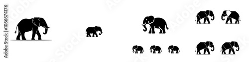 A cartoonish elephant with a bold silhouette, a flat design, recognizable figure, thick legs, a trunk forward, a large ear, minimalistic design, flat style, in a black-and-white hue. photo