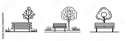 In autumn, a garden chair on a bench in front of trees and plants. A broad chair in a park, isolated, for web design, mobile, and print.