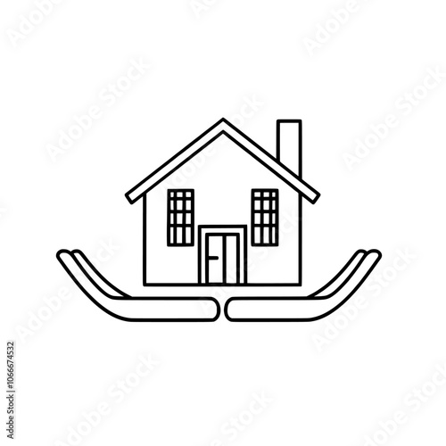 A simple, modern symbol of hands holding a house that symbolizes real estate, safety, and home protection. The strokes can be edited.