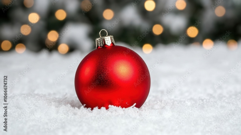 Red Christmas Ornament on Snowy Background Red Christmas Ornament on Snowy Background