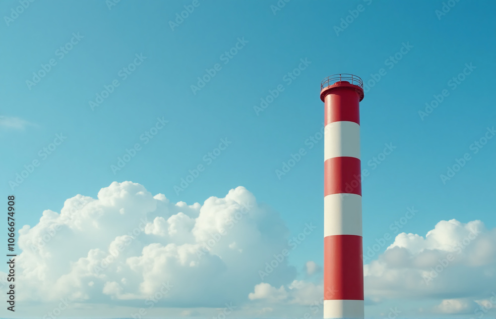 A tall smokestack featuring bold red and white stripes stands prominently against a clear blue sky A tall smokestack featuring bold red and white stripes stands prominently against a clear blue sky