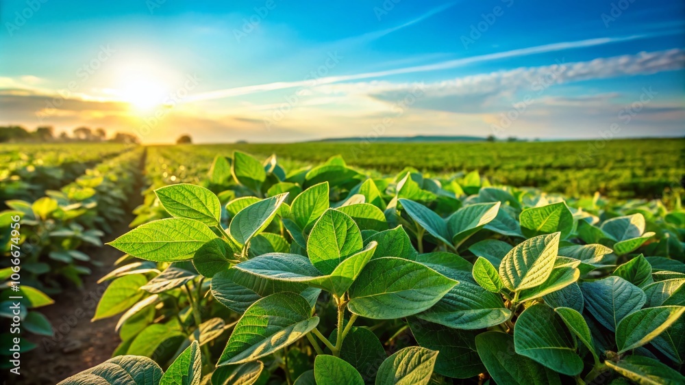 Naklejka premium Lush Green Soybean Field with Vibrant Growth Under Clear Blue Sky - Ideal for Agriculture, Farming, and Crop Production Themes