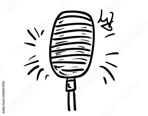 The drawing shows a microphone with wire isolated doodle icon. It is an item used for singing, performances, and karaoke.
