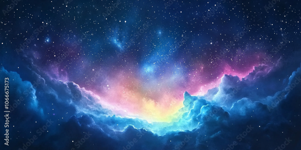 Fototapeta premium Hand painted watercolor of a magical night sky with stars and a faint aurora borealis