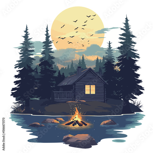 Wooden cottage in the forest with a bonfire. Vector illustration. 