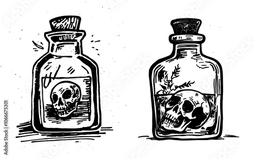 Stylish Potion Bottle with Skull Label in a modern style on a white background