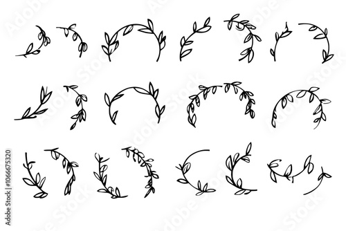 Isolated set of spring wreaths drawn by hand. Floral doodle frames with silhouette leaves.