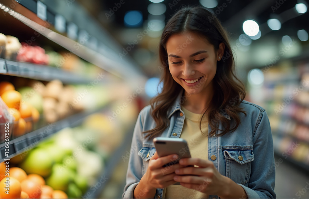 A woman using smartphone while browsing in groceries at the supermarket A woman using smartphone while browsing in groceries at the supermarket
