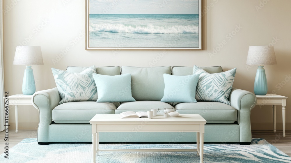 Coastal Living Room with Light Blue Sofa and Ocean-Themed Decor Coastal Living Room with Light Blue Sofa and Ocean-Themed Decor