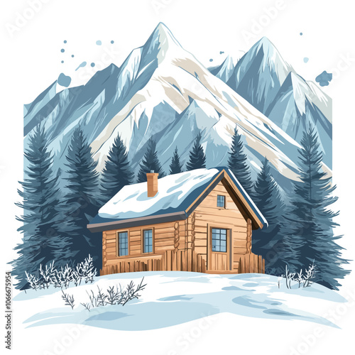 Wooden house in the mountains. Winter landscape. Vector illustration. 
