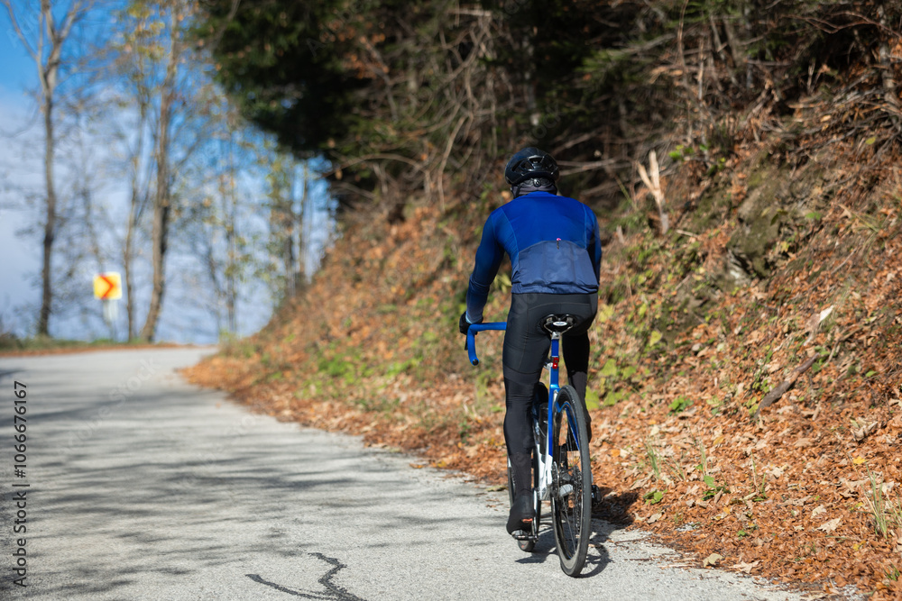 Obraz premium Man riding a bike on the road in the forest