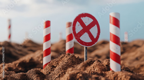 Contaminated site with warning markers and exposure management sign, indicating danger and caution in area. landscape shows disturbed soil and warning signs photo