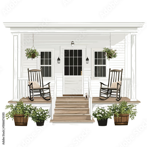 Wooden porch with rocking chairs and plants on a white background. 