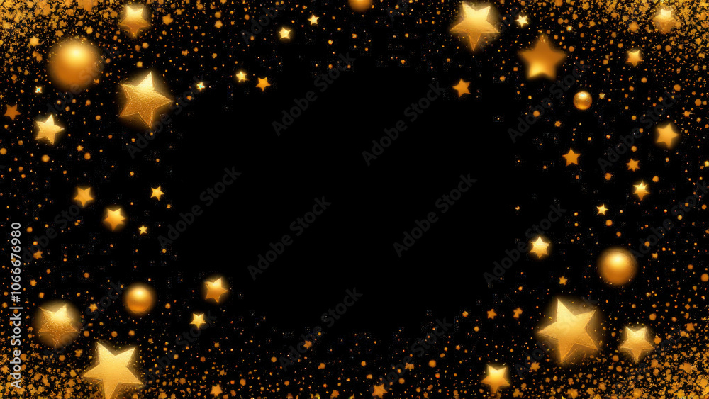 Golden stars and sparkles create festive frame on black background