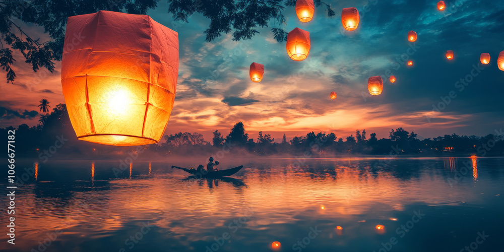Obraz premium A dreamlike landscape with floating lanterns, symbolizing the magic of time spent with loved ones