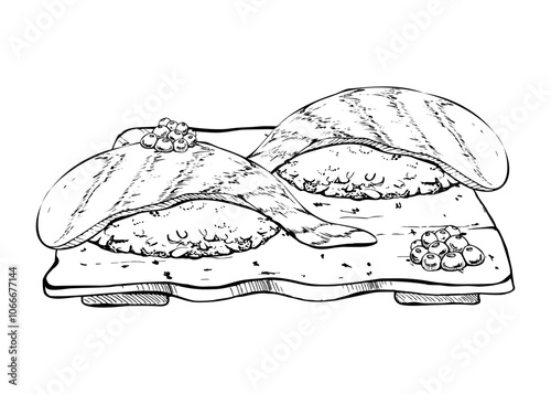 Japanese food nigiri sushi set on ceramic plate, raw fish salmon tuna shrimp seabass, caviar topping hand drawn in vector pen, ink. Illustration for restaurant, cafe menu, kitchen print, recipe book