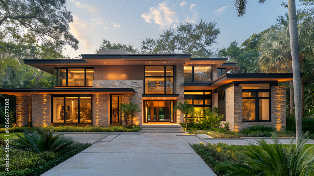 Ultra-modern Architect-designed luxury house, light brown wood and brown stone, dark glass with a sleek modern design featuring a flat pitched roof, palm trees in the background Ultra-modern Architect-designed luxury house, light brown wood and brown stone, dark glass with a sleek modern design featuring a flat pitched roof, palm trees in the background