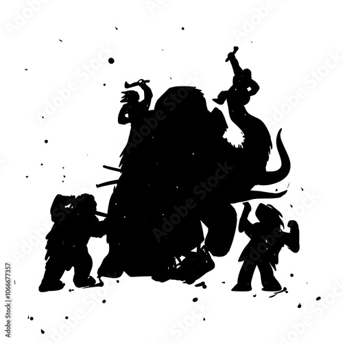 Prehistoric Hunters and Mammoth Silhouette Vector Illustration