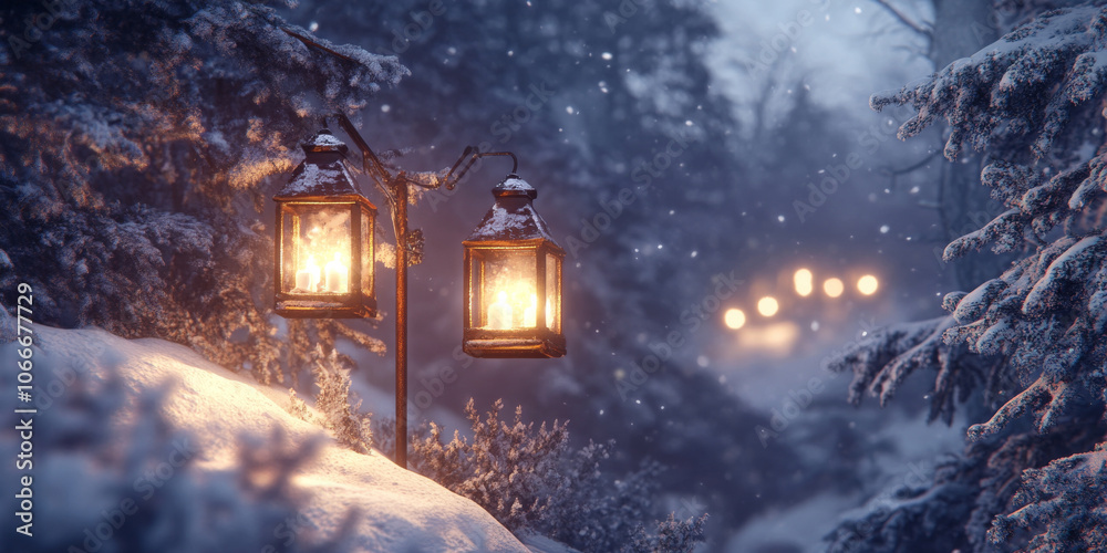 Charming lanterns glowing softly against a backdrop of snow-covered trees, creating a cozy atmosphere