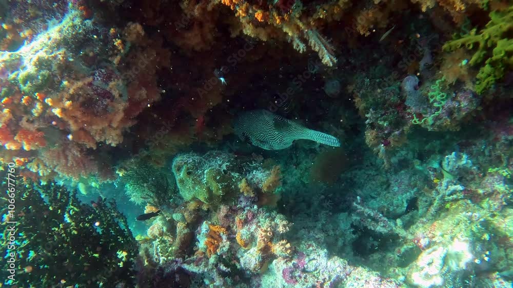 A map pufferfish swims under a ledge on a coral reef.