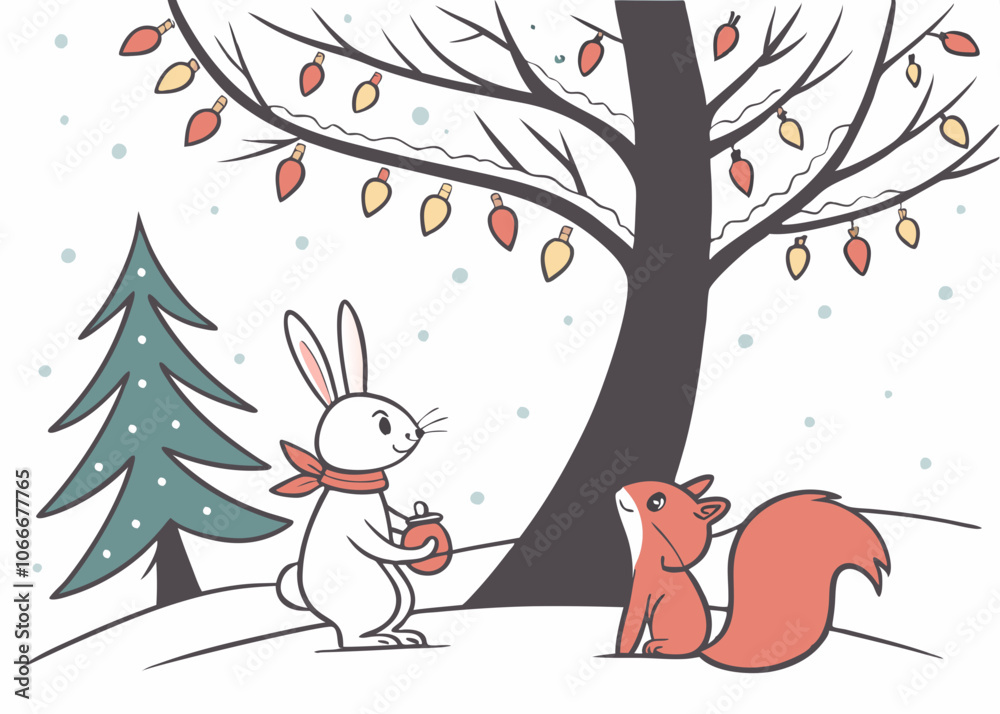 Naklejka premium snow, a hare under a tree with a red squirrel