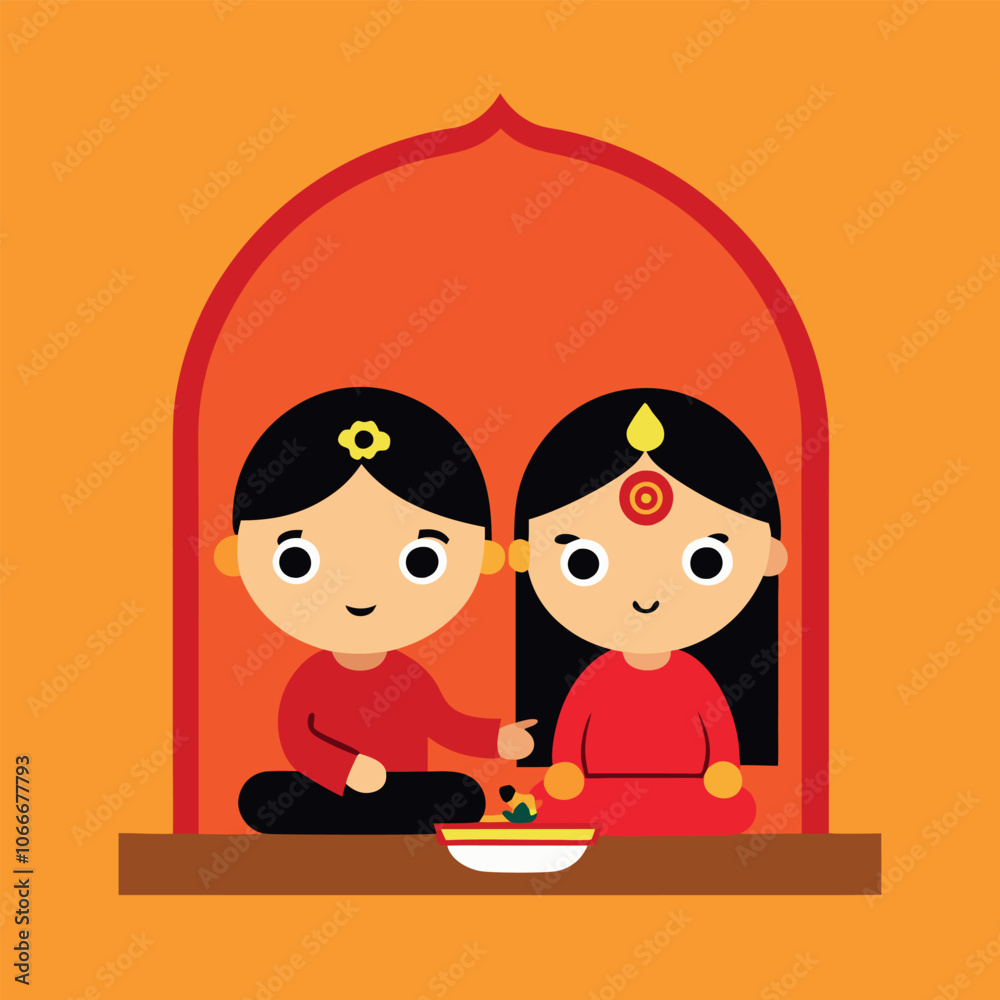 a vector art illustration celebrating Bhai Dooj, showing a sister and brother in traditional attire seated on the floor a vector art illustration celebrating Bhai Dooj, showing a sister and brother in traditional attire seated on the floor