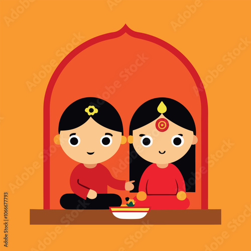 a vector art illustration celebrating Bhai Dooj, showing a sister and brother in traditional attire seated on the floor