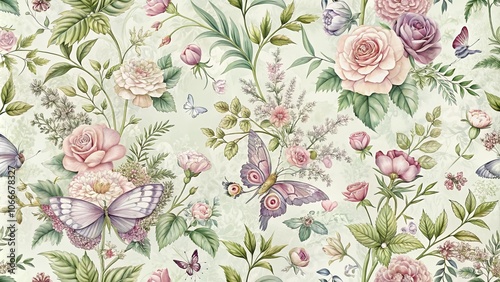 A Delicate Tapestry of Floral Elegance and Winged Companions, Interwoven with Lush Greenery and Soft Hues