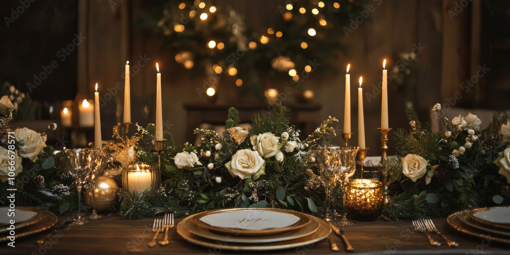 Elegant Christmas table setting with candles, gold decorations, and festive greenery Elegant Christmas table setting with candles, gold decorations, and festive greenery