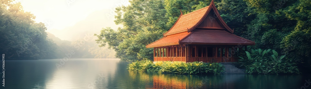 Serene lake view with a traditional wooden house surrounded by lush greenery in the early morning light. Serene lake view with a traditional wooden house surrounded by lush greenery in the early morning light.