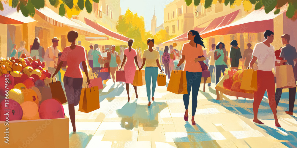 Fototapeta premium A cheerful shopping scene with people carrying bags filled with purchases, emphasizing a busy sale event in a bright setting