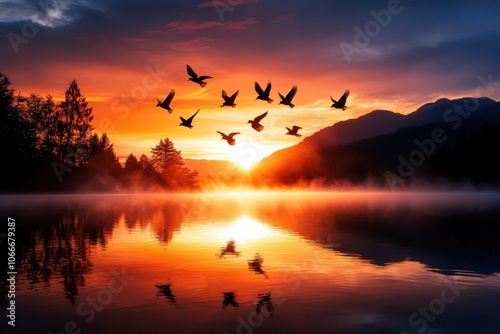 Serene Sunrise: Birds Soaring Over a Misty Lake, Embracing the Calm of Early Morning