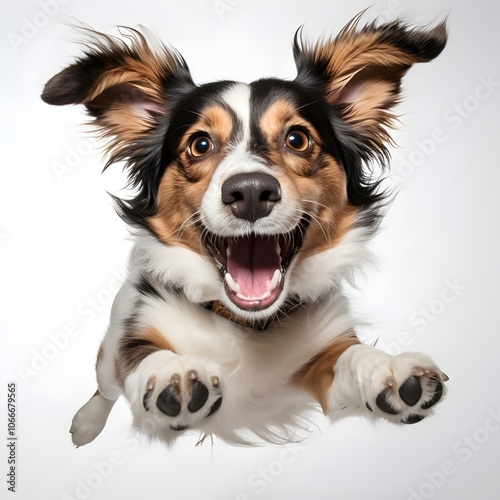 A happy dog is seen jumping mid-air with its fluffy fur bouncing and a big smile. Its expressive eyes and playful energy are captured beautifully on a bright white background. 