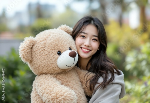 Smiling asian woman hugging a large teddy bear outdoors 