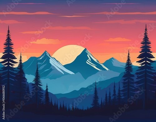 Silhouette of the iconic pine trees in front of the jagged peaks of the Canadian Rockies
